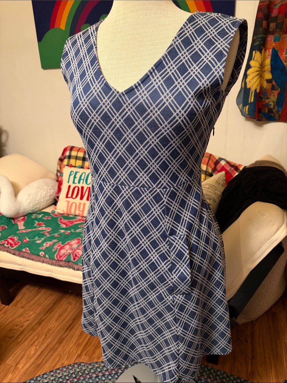Uncle Frank Navy and White Plaid V-Neck Dress